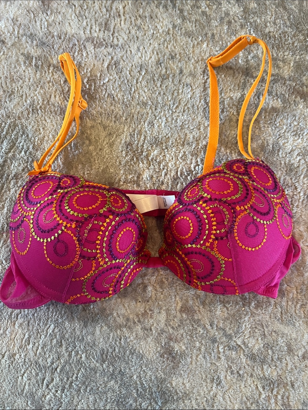 Xhilaration Magenta Bra with Orange Straps and Circular Embroidery Size 34B
